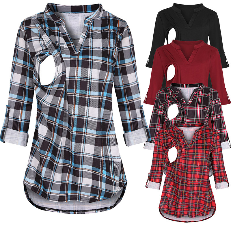 Summer Women Maternity Plaid Print Clothes Breastfeeding Top