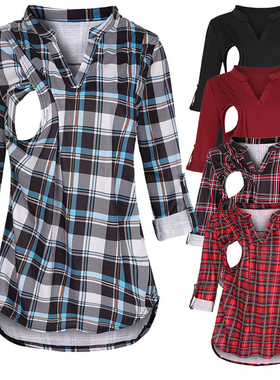 Summer Women Maternity Plaid Print Clothes Breastfeeding Top