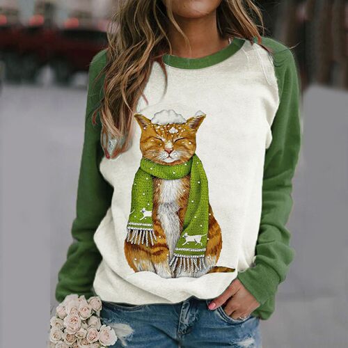 Green Scarf Cat Print Hoodie Sweatshirt Women 2021 Autumn O