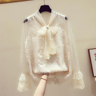 Long Blouse Neck Women Lace Bow Sleeve Chiffon Floral