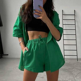 Summer Casual Tracksuit Women's Shorts Suits Green Setwear S