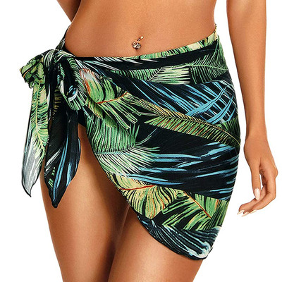 Boho Pareo Swimwear Cover Ups Women Leaf Print Skirt Lace-up