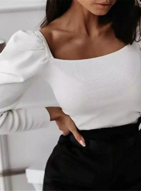 Fashion Puff Sleeve Khaki Black White Bodysuit Woman Long Sl