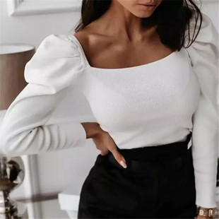 Fashion Puff Sleeve Khaki Black White Bodysuit Woman Long Sl