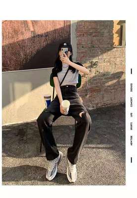 Black high-waist ripped straight-leg jeans women's spring an