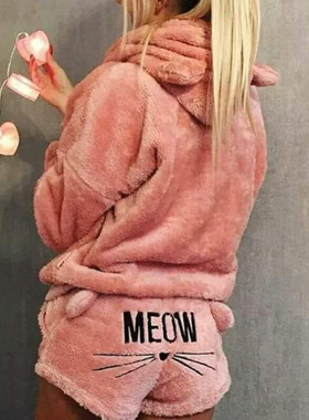 New Winter Womens Flannel Pajamas Set Cute Bear Hooded Pajam