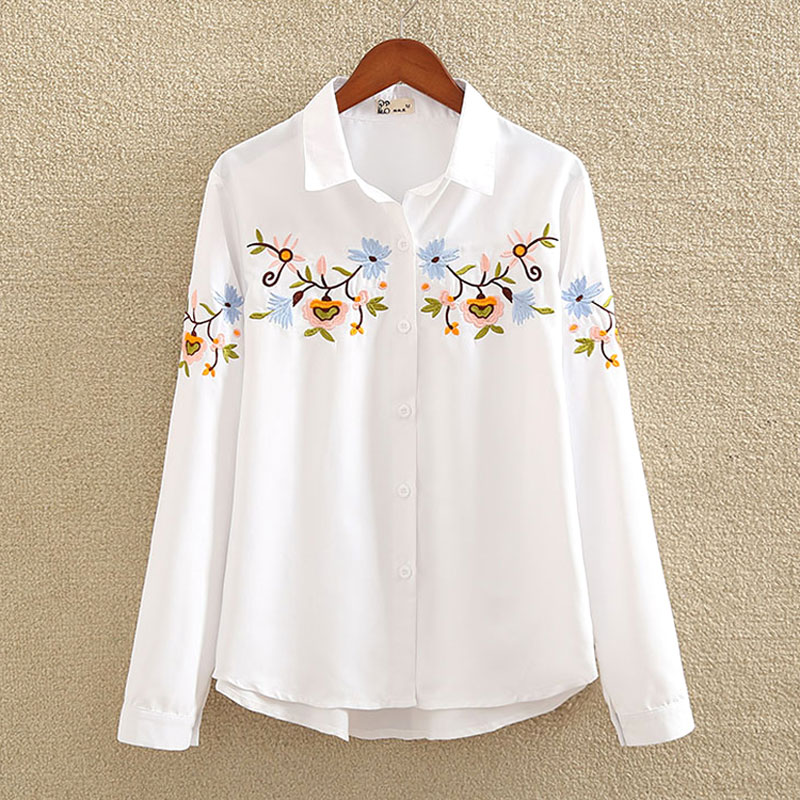 nvyou gou  Floral Embroidered Blouse Shirt Women Slim White