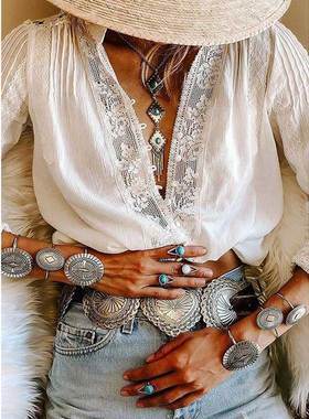 GypsyLady White Blouse Shirt Lace Inserted Chic Boho Blouse