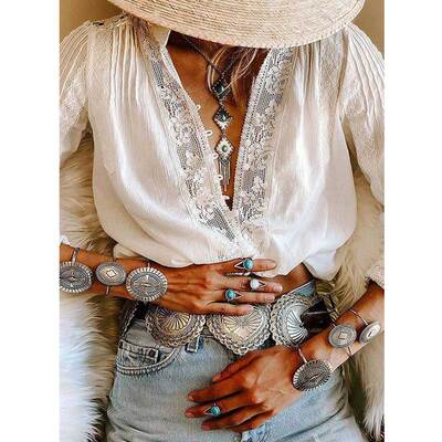 GypsyLady White Blouse Shirt Lace Inserted Chic Boho Blouse