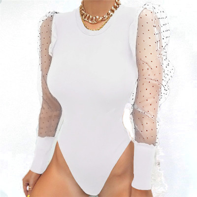 Xingqing Women Polka Dots Puff Sleeve Patchwork Bodysuit Ski