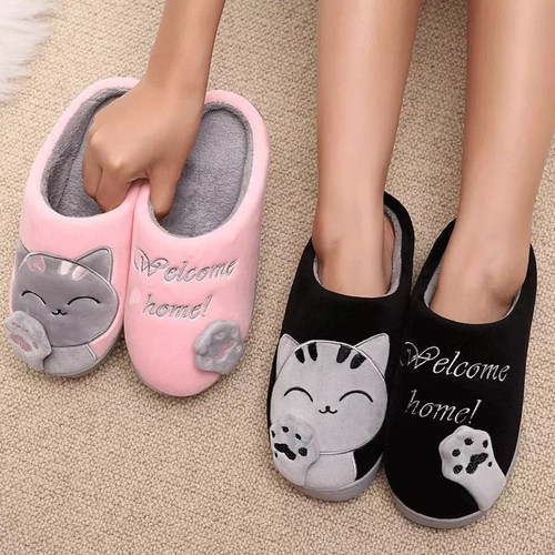 Women Winter Home Slippers Unisex Cartoon Cat Shoes Non-slip