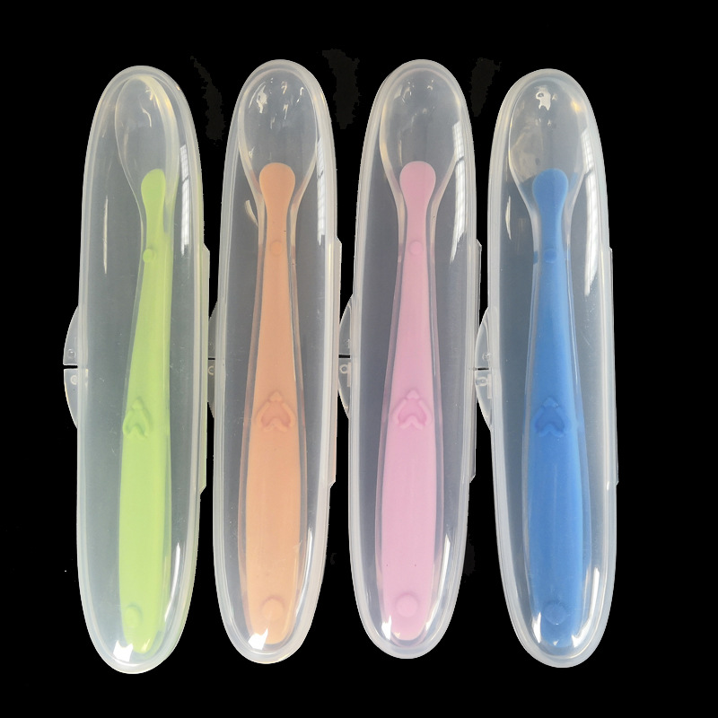 Baby Soft Silicone Spoon with Storage Box Candy Color Temper