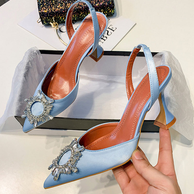 Big Size 41 42 Blue Women Pumps Silk Satin Pointy Toe Rhines
