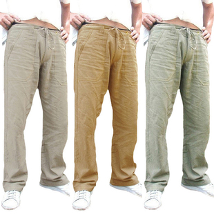 Cotton Linen Trousers for Men Wide Leg Pant Breathable Summe