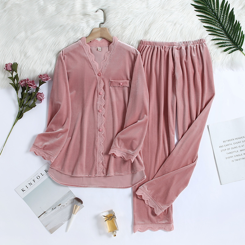 Pyjamas Women Winter Velvet Pajama Set Lace Sexy Sleepwear P
