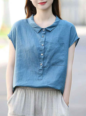 Summer Women Shirt Plus Size Peter Pan Collar Loose Casual S