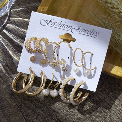 6/9 Pairs Big Hoop Pearl Earring Set Fashion Gold Metal Eari