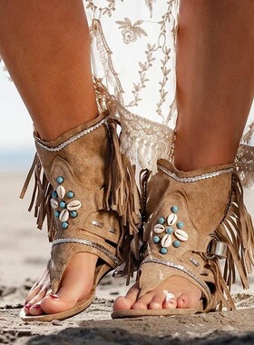 Retro Women Fringe Flower Wedges Shoes  Solid Flock Beach Ca
