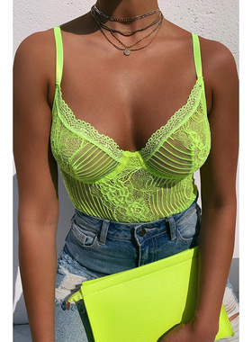 BKLD  Summer Neon Green V-Neck Lace Spaghetti Strap Bodysuit