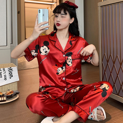 Mickey Pajamas Set Silky Women 2 Piece Sleepwear Satin Cute