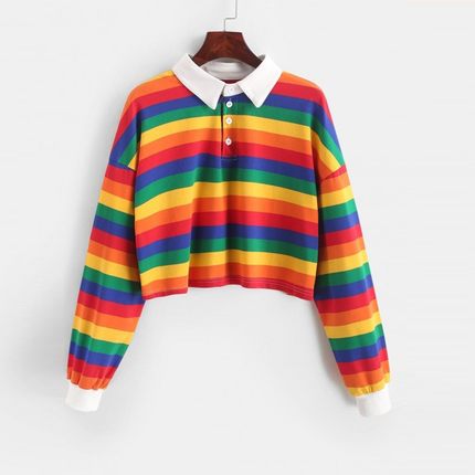 Fashion Winter Women Rainbow Striped Hoodies Pullover Sweats