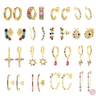 Authentic 925 Sterling Silver Stud Earrings Colorful Zircon