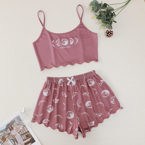 Spaghetti Strap Letter Print Pajama Set Sleeveless Trim Pyja