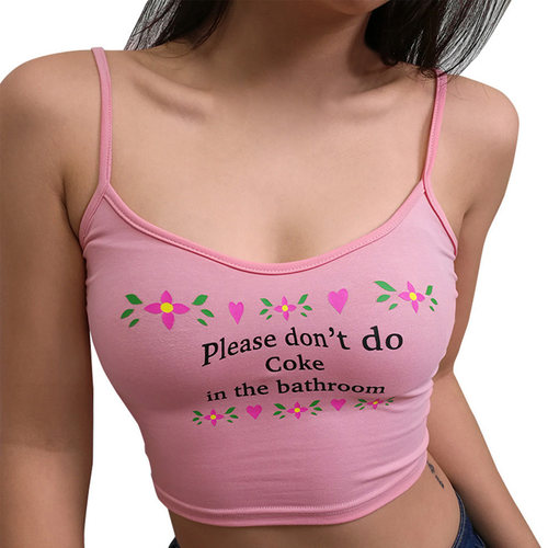 Women Strappy Cotton Letter Print Tank Tops Vest Summer Sexy