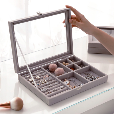 Velvet Glass Ring Earring Jewelry Display Organizer Box Tray