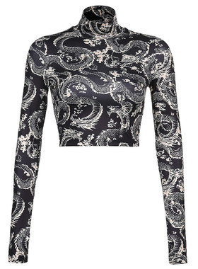 Women's Dragon Printed Crop Tops, Long Sleeve High Collar Sh