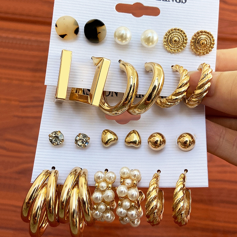 Vintage Geometry Pearl  Earring Set Heart Leopard For Women