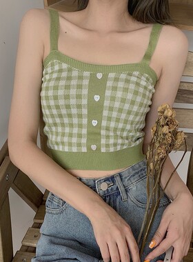 2021 Summer Girls Plaid Crop Tops Sleeveless Knitted Crop To