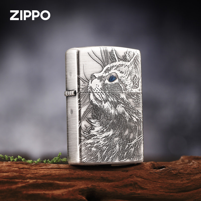zippo打火机原装正品熏银深雕镶嵌宝石猫咪仰望猫咪煤油防风男女