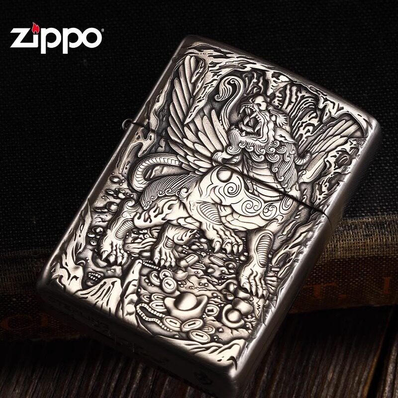 zippo打火机原装正品纯银盔甲鬼王浮雕天禄貔貅煤油防风送男士礼