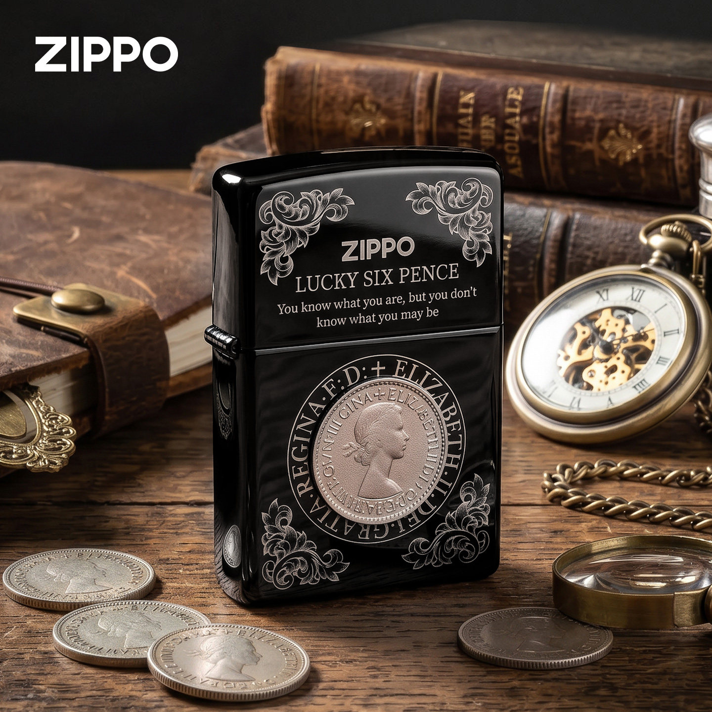 zippo打火机原装正品黑冰月亮与六便士幸运硬币煤油防风男女礼物
