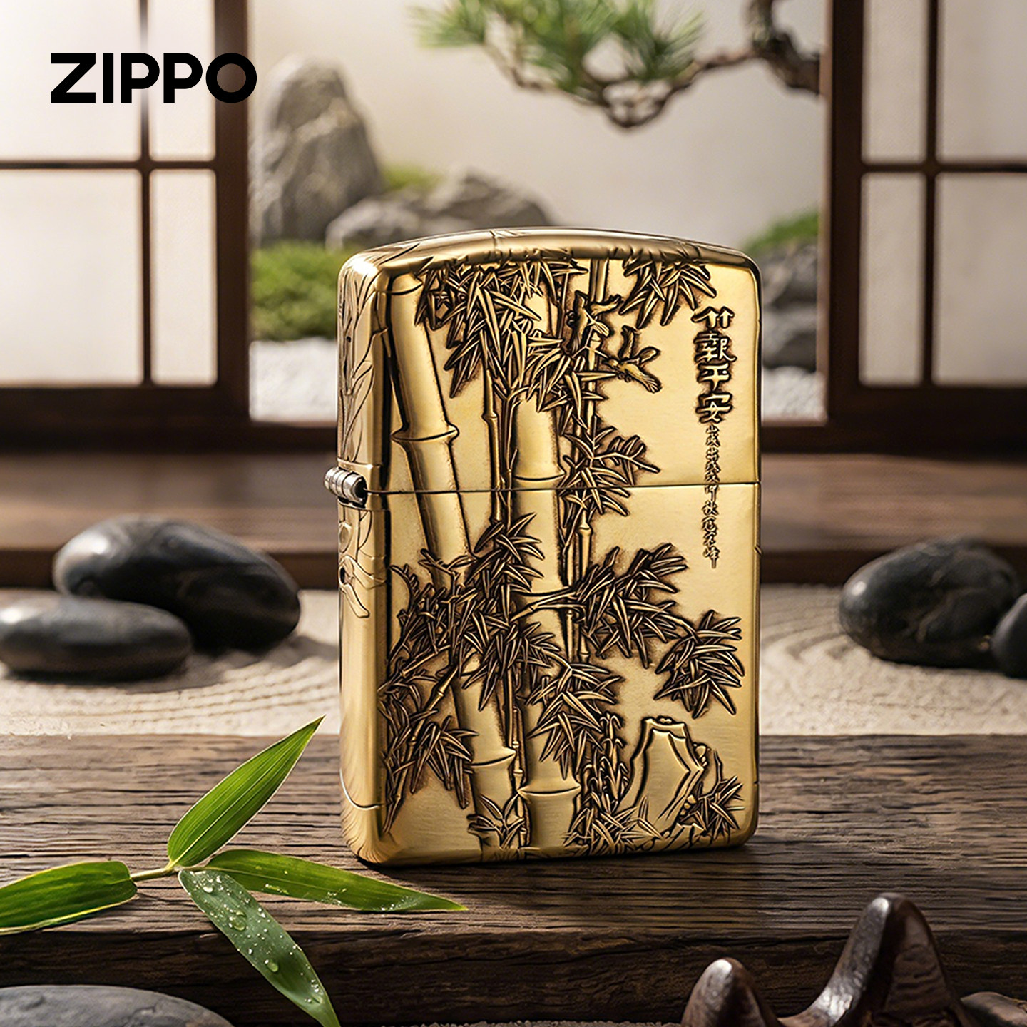 zippo纯铜浮雕竹报平安打火机