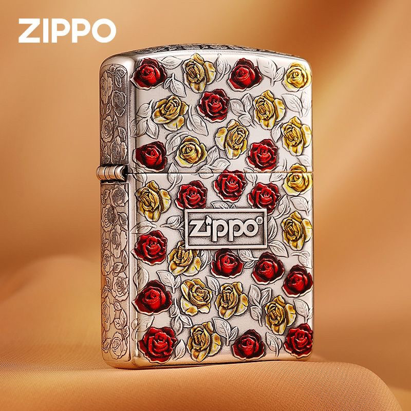 zippo打火机玫瑰花镀银盔甲浮雕彩绘原装正品煤油防风男士礼物正