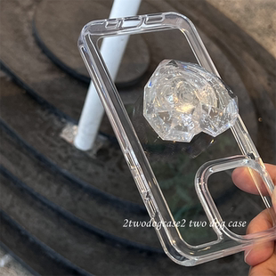 16P晶莹透亮亚克力15立体银箔爱心滴胶支架12/13/14promax手机壳独立银色按钮手机壳新款奢华百搭高级xsmax12