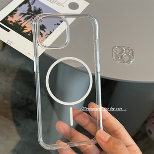 简简单单透明升级款细圈磁吸16promax圆润17p四角凸起防摔15pro/13/14新款高透全包精孔镜头16e亚克力手机壳