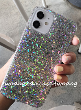 17pro适用于AIR大孔13P闪闪奢华感银色亮片12promax闪亮片软壳iPhone11X13滴胶Xsmax16e闪闪幻彩手工保护壳厚