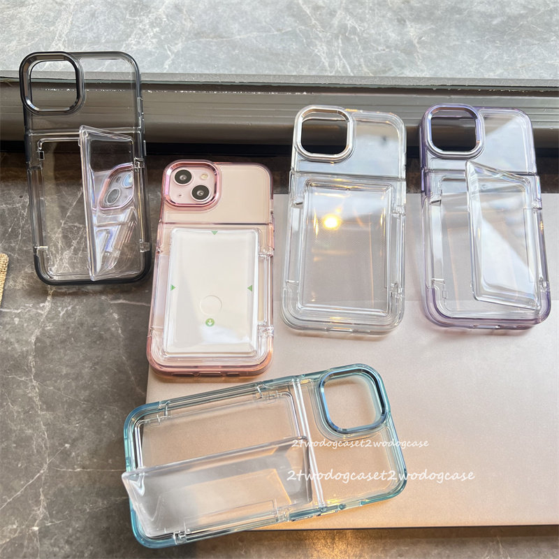 水晶蓝远峰蓝搭配16promax透明亚克力翻盖卡包可放两张卡17P13/14pro/15新款简约百搭彩色边框保护壳金属按钮