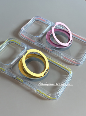 柠檬亮黄色粉紫色边框17Promax高透亚克力旋转磁吸支架金属按钮12/13/14PRO厚实硬背保护壳16pro/15plus新款