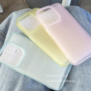 温柔风透黄色粉嫩透粉浅蓝15promax磨砂手机壳简约直边12/13/14PMXR保护壳清爽夏天糖果色软壳的11pro套