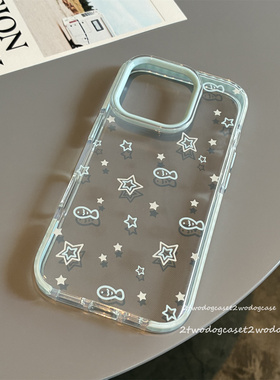 蓝色小鱼趣味好看16promax厚实软壳蓝色独立按钮新款12/11/13PRO/14pm15新款五角星透明手机壳