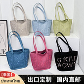 出口泰国Gentle Woman彩色毛呢手提菜篮子女包刺绣字母休闲单肩包