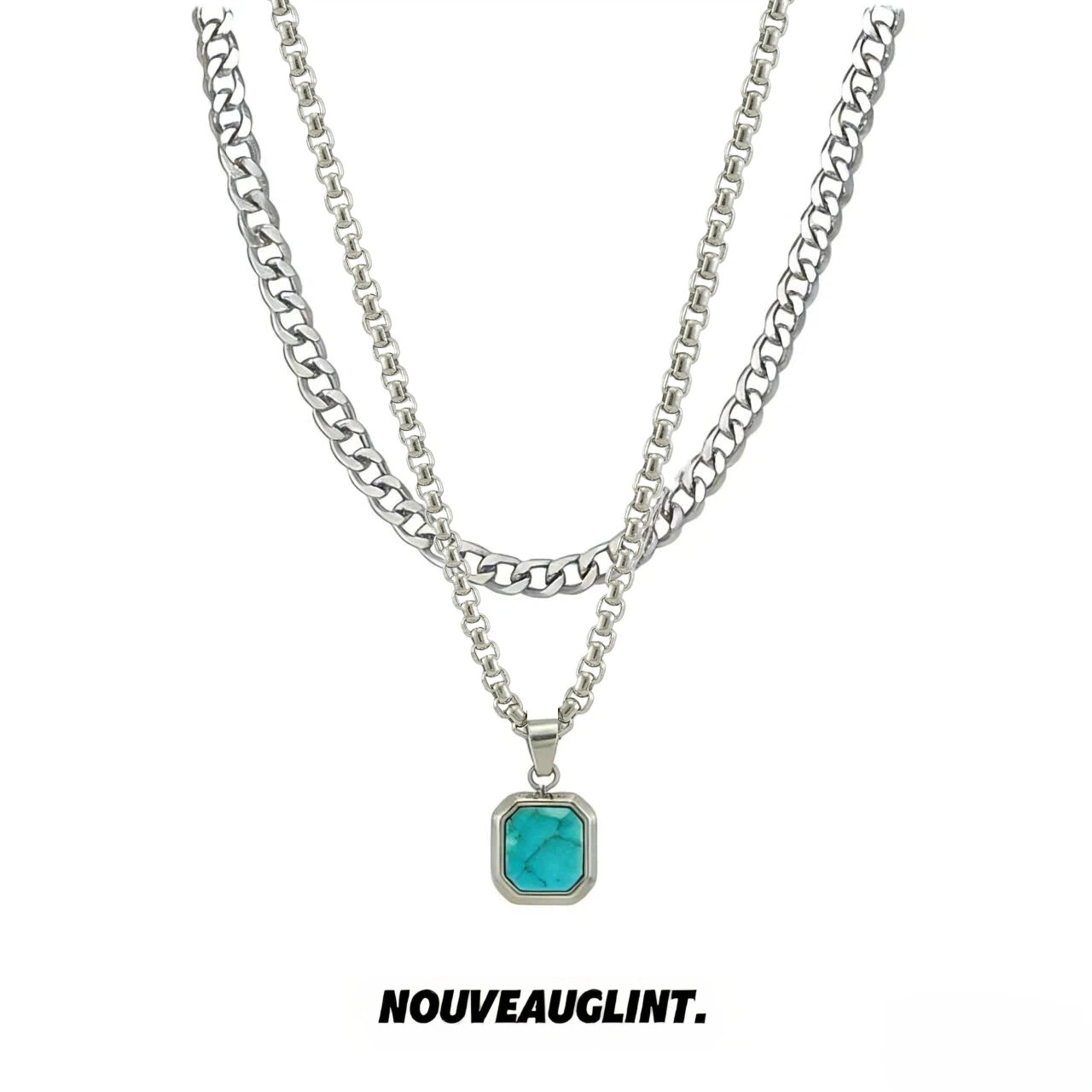 NG绿松石方块吊坠叠戴钛钢项链男款复古小众痞帅高级感女士配饰品
