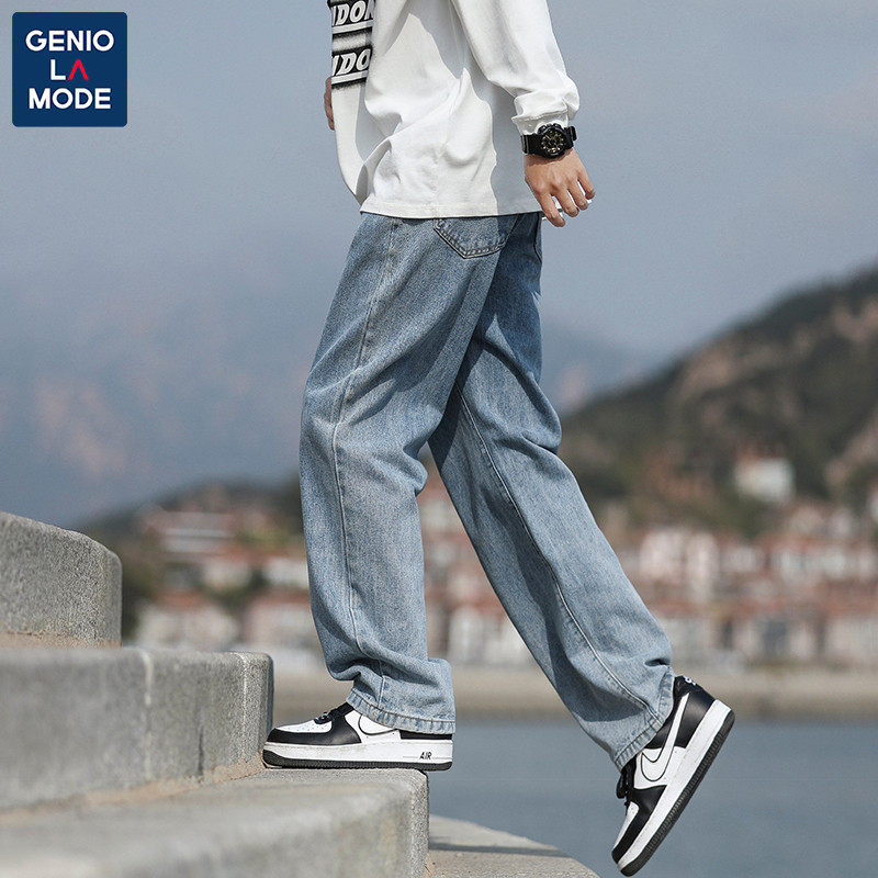 GENIOLAMODE WIDE-LEG JEANS MENS HIGH-QUALITY LOOSE STRAIGHT DRAPE SPRING AND SUMMER NEW CASUAL LONG PANTS