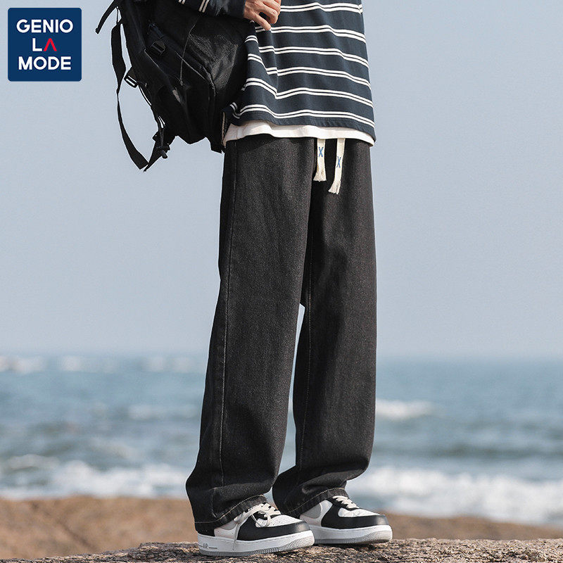 GENIOLAMODE WIDE-LEG JEANS MENS HIGH-QUALITY LOOSE STRAIGHT DRAPE SPRING AND SUMMER NEW CASUAL LONG PANTS