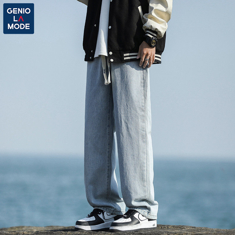 GENIOLAMODE WIDE-LEG JEANS MENS HIGH-QUALITY LOOSE STRAIGHT DRAPE SPRING AND SUMMER NEW CASUAL LONG PANTS
