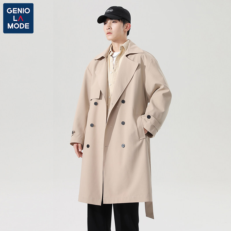 GENIOLAMODE KOREAN TREND TRENCH COAT MENS COAT: SPRING AND AUTUMN MID-LENGTH DOUBLE-BREASTED JACKET MENS CLOTHES